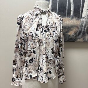 RW&CO. Floral Tie-Neck Blouse - Cream and Black